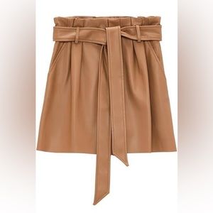 ZARA brown camel tan leather shorts with tie bow front